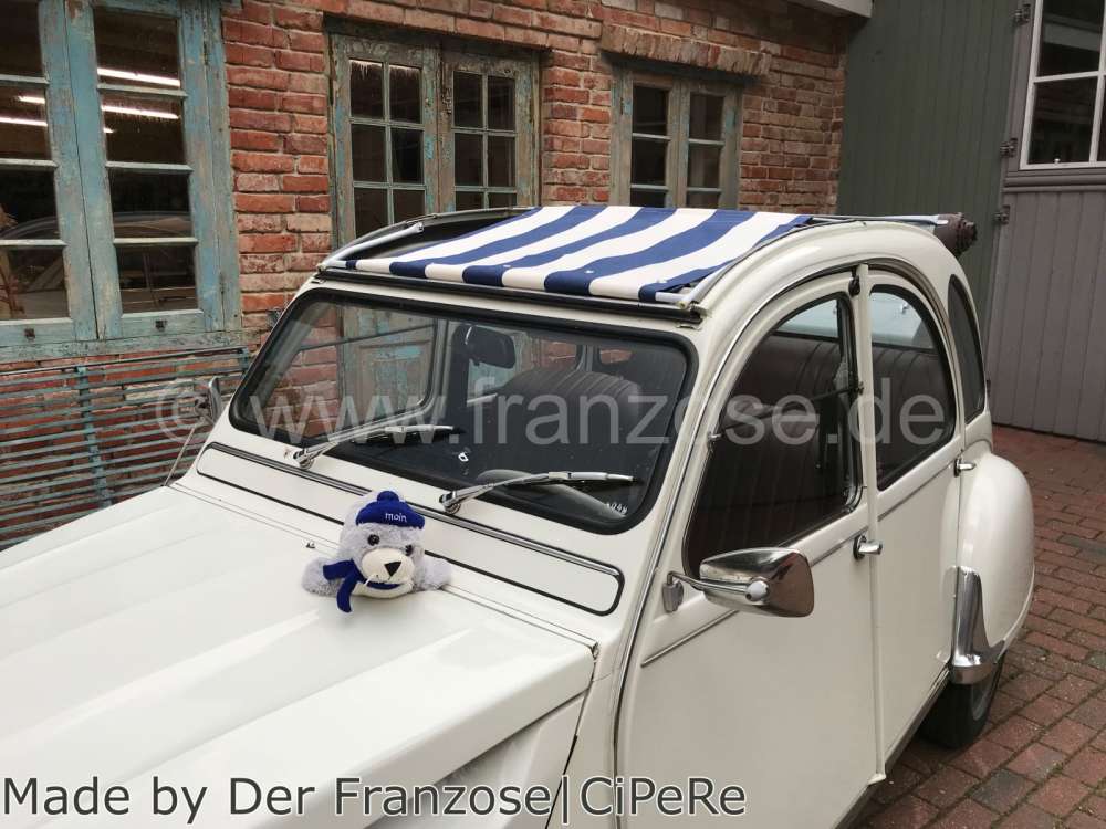 Citroen-2CV - Suns sail (Awning) dark blue (Marine)-white streaked. The sail is fixed when the roof is o