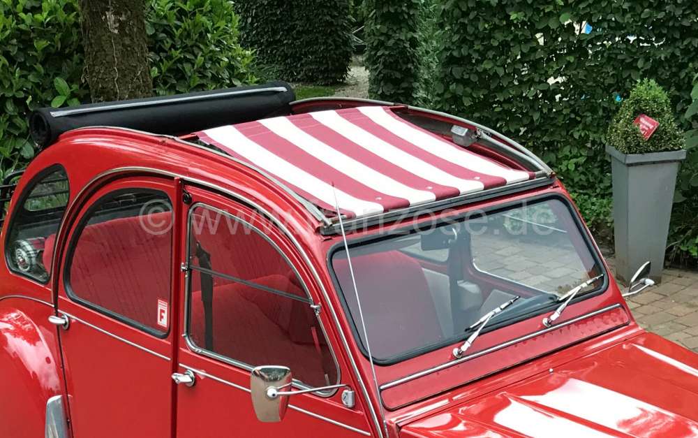 Citroen-2CV - Suns sail (Awning) dark red (Bordeaux)-white streaked. The sail is fixed when the roof is 
