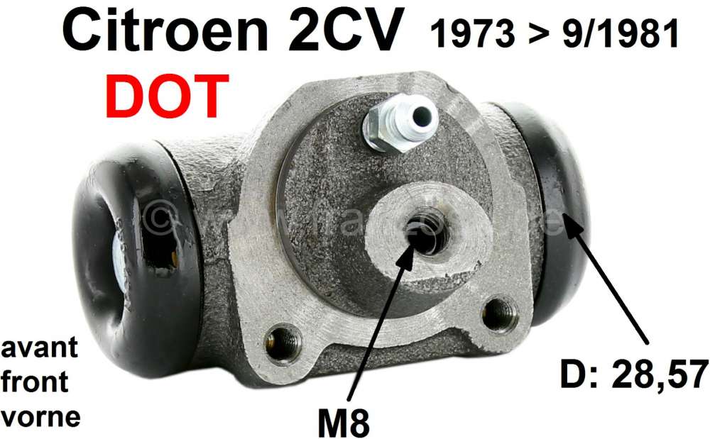 Citroen-2CV - Wheel brake cylinder in front, brake system DOT. Piston diameter: 28,5mm. Brake line conne