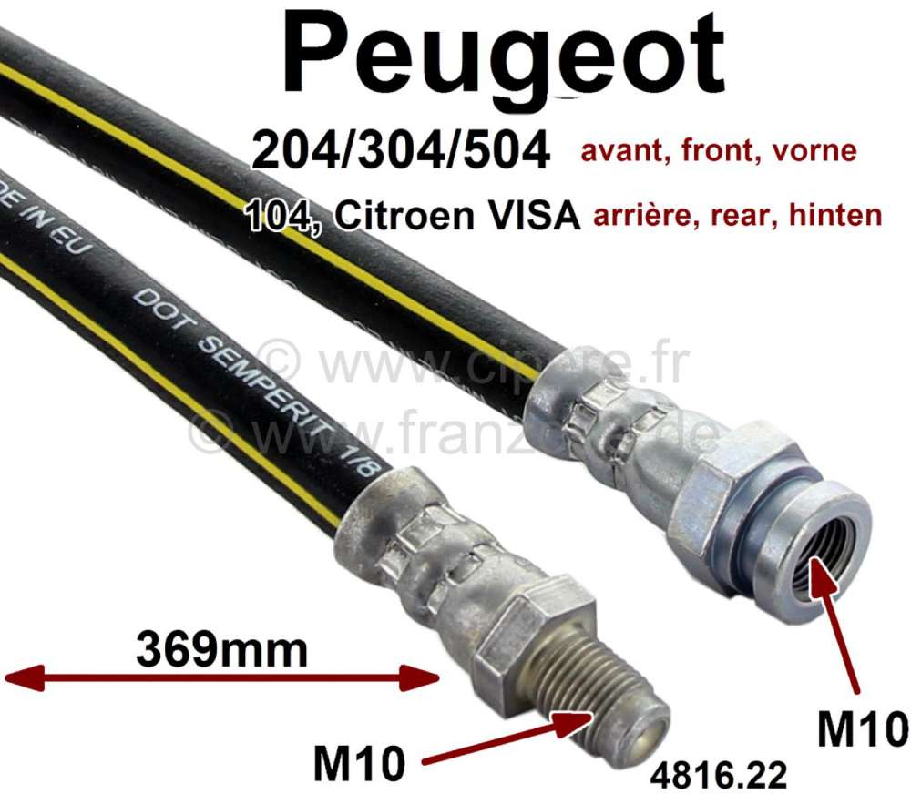 Peugeot - brake hose Peugeot 504 rear 09/75-10/82, length 369mm, Peugeot 204 + 304. Connections: mal