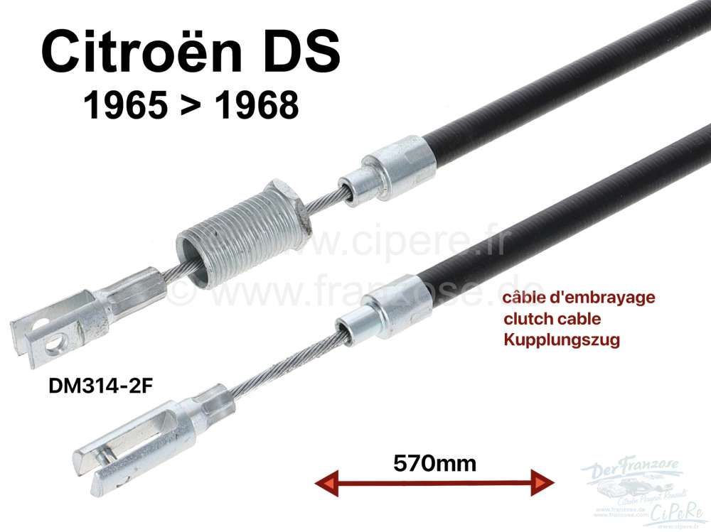 Citroen-DS-11CV-HY - Clutch cable, suitable for Citroen DS, of year of construction 1965 to 1968. (3 lever fing