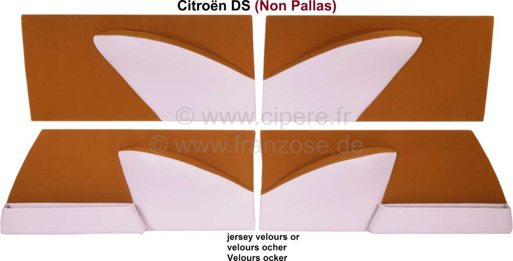 Citroen-2CV - DS Non Pallas, door lining set (4 fittings). Velour ocher (vieil or). Suitable for Citroen