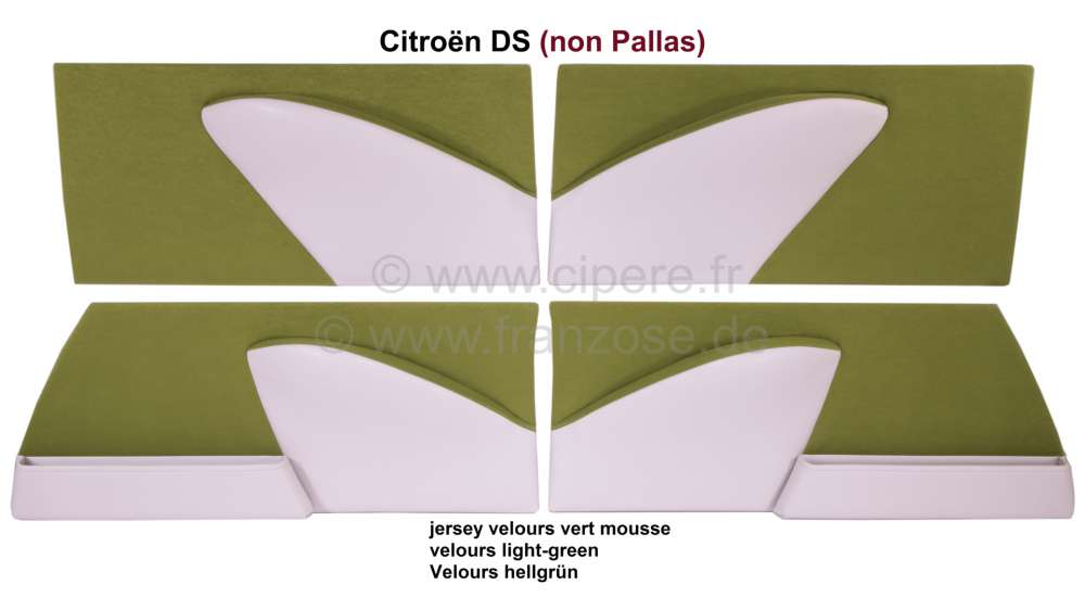 Citroen-DS-11CV-HY - DS Non Pallas, door lining set (4 pieces). Velour light-green (vert mousse). Suitable for 