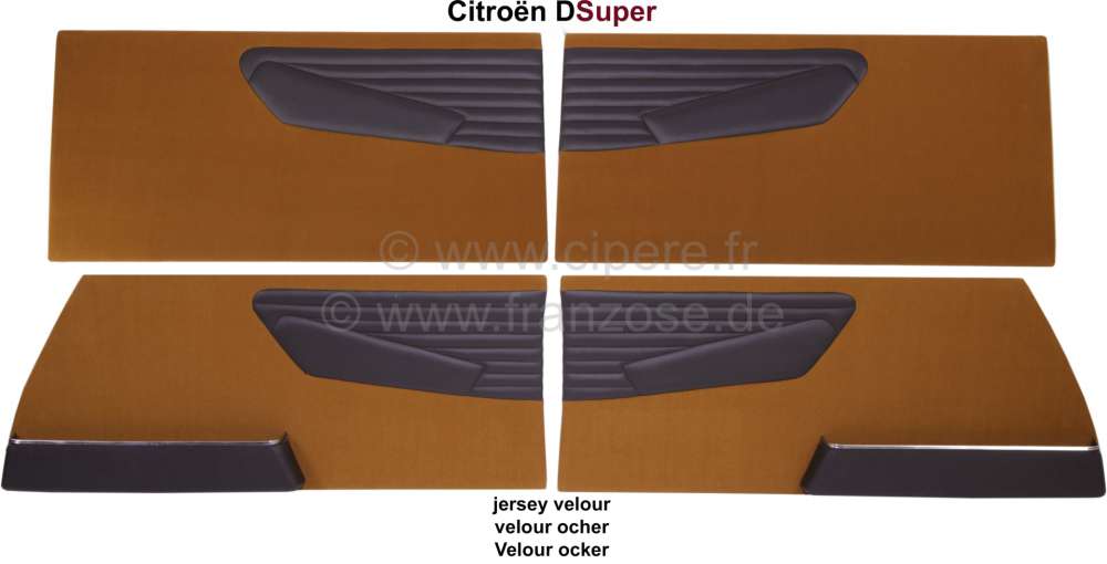 Citroen-2CV - DS Super, door lining set (4 pieces). Velour ocher with black vinyl. The map bags are atta