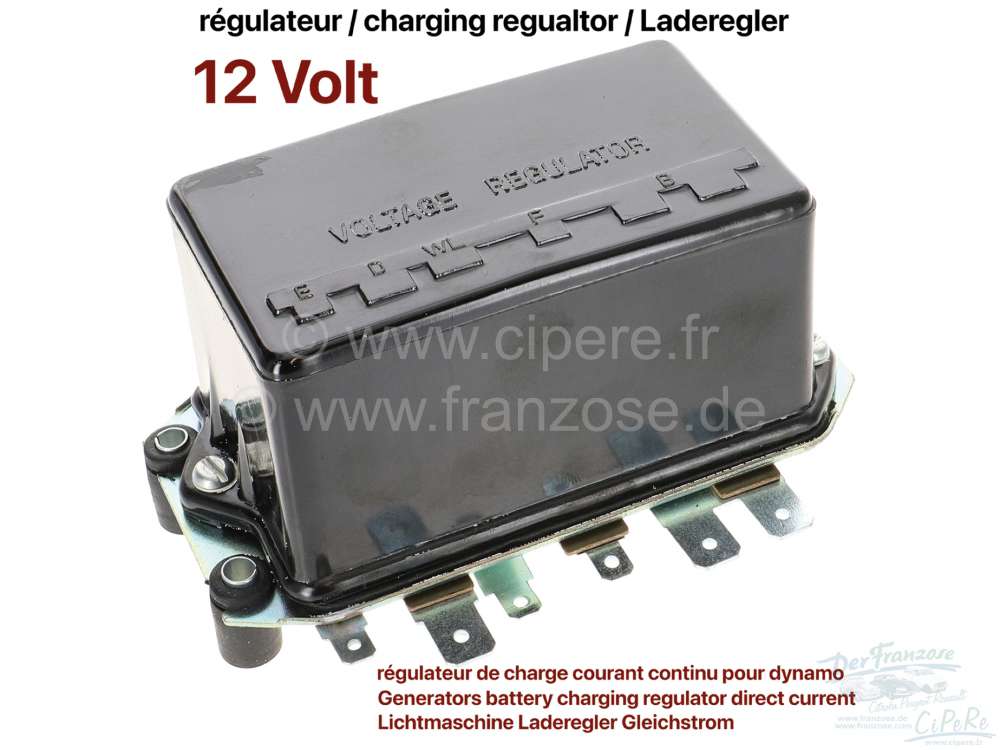 Citroen-DS-11CV-HY - Generators battery charging regulator direct current 12V, universal. Connections: E= groun