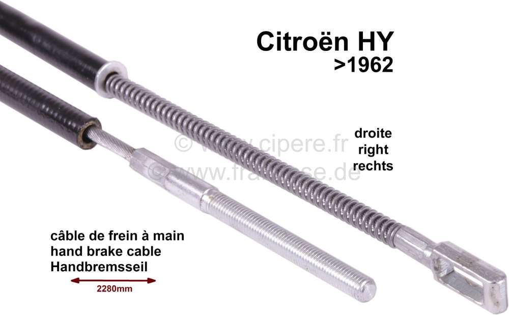 Citroen-DS-11CV-HY - Hand brake cable on the right. Suitable for Citroen HY, to year of construction 1962. Leng