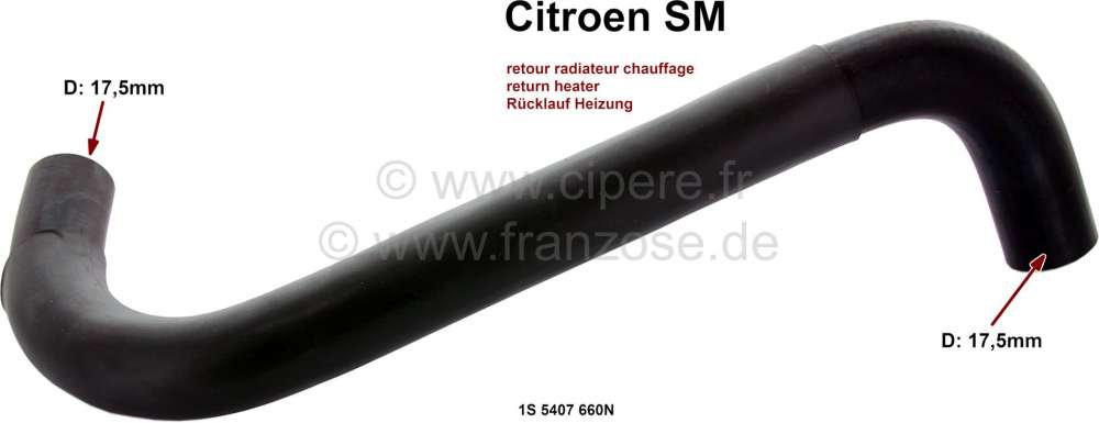Citroen-DS-11CV-HY - SM, radiator hose (water hose) return heater radiator. Inside diameter: 17,5mm + 17,5mm. S