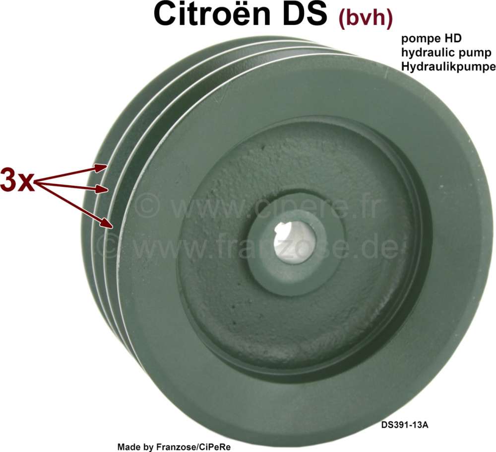 Citroen-DS-11CV-HY - Hydraulic pump belt pulley, for 3 V-belts. Suitable for Citroen DS (LHM + LHS). Semiautoma