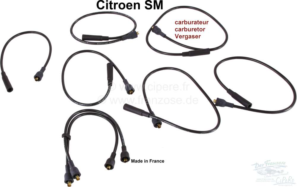 Citroen-DS-11CV-HY - SM, ignition cable set, suitable for Citroen SM, with carburetor engine (2,7L). Made in Fr