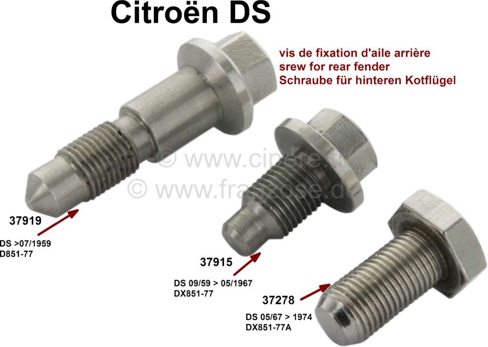 Citroen-DS-11CV-HY - Screw, for fixing the rear fender. Suitable for Citroen DS, until 1959. length: 57mm. Or. 