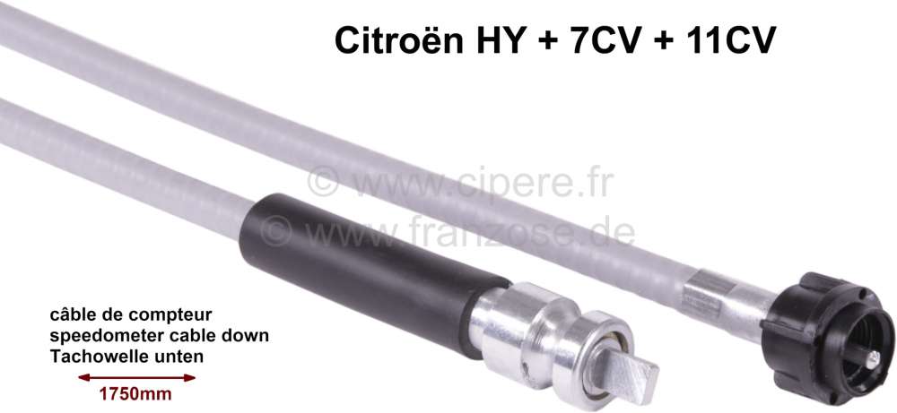 Citroen-DS-11CV-HY - Speedometer cable down. Suitable for Citroen HY. Citroen 7CV + 11CV. Length: 1750mm. Or. N