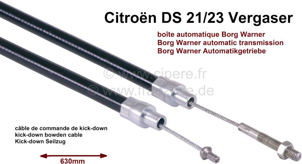 Citroen-DS-11CV-HY - Kick-down Bowden cable, for Borg Warner automatic transmission. Suitable for Citroen DS 21