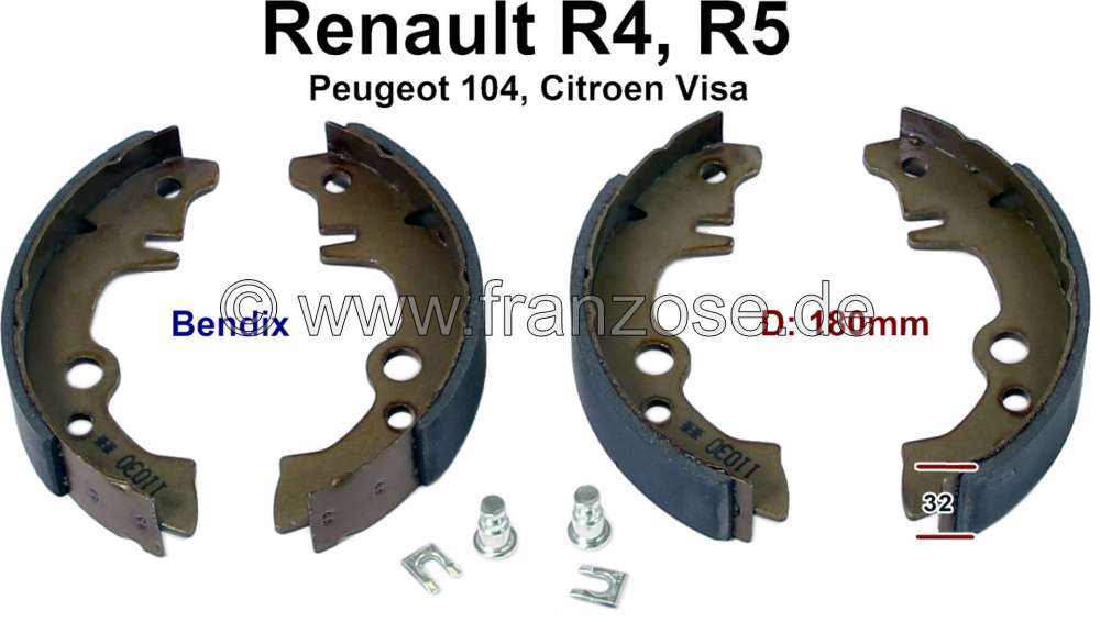 Peugeot - Brake shoes rear (1 set). Brake system: Bendix. Suitable for Renault R4, R5. Citroen Visa.