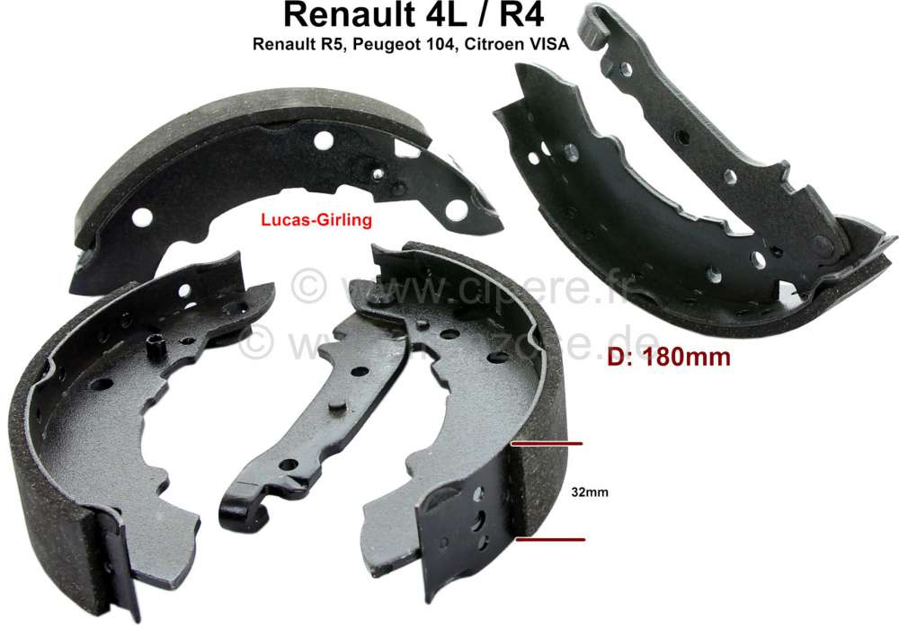 Renault - Brake shoes rear (1 set). Brake system: Lucas Girling. Suitable for Renault R4, R5. Peugeo