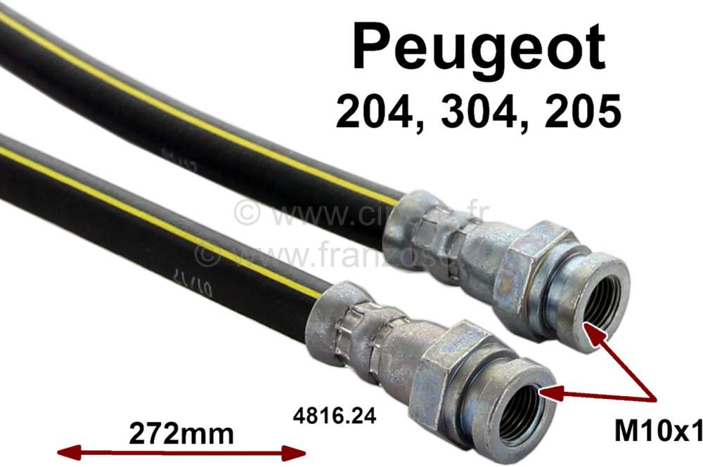 Peugeot - brake hose Peugeot 204+304 rear 09/75>10/77, length 272mm, female thread 2xM10. Made in Eu