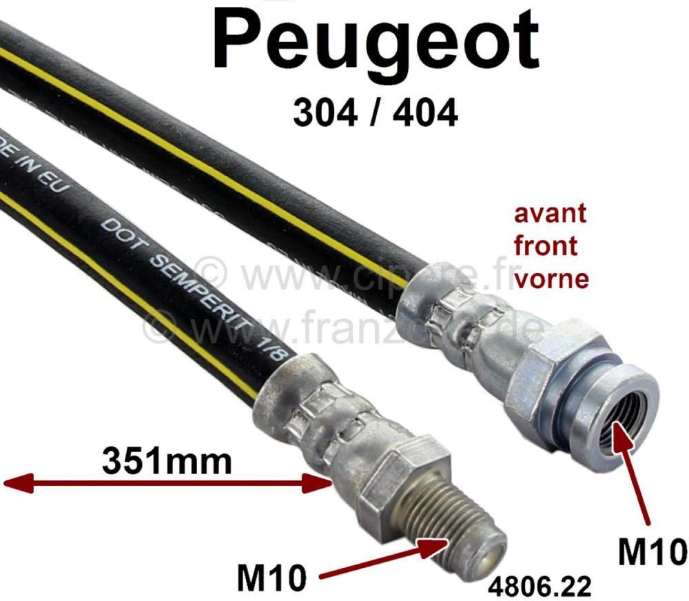 Peugeot - brake hose Peugeot 404, P305 front left 72-80, length 351mm, connection 1x M10 outside + 1