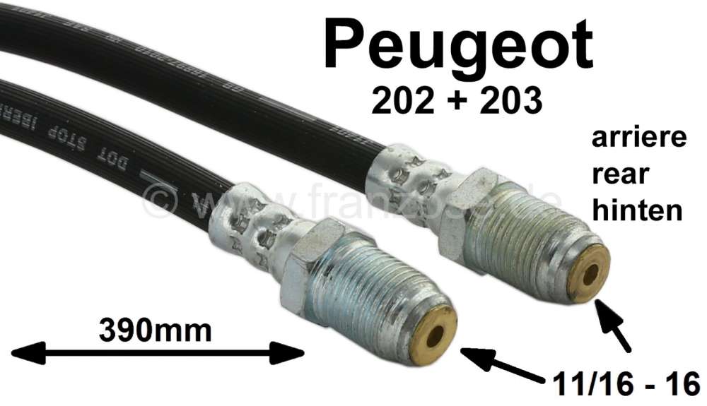 Peugeot - P 202/203, brake hose rear. Suitable for Peugeot 202 + 203. Thread: 11/16 16. Length: 390m
