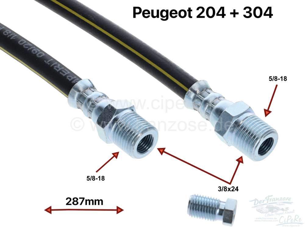 Peugeot - P 204, Rear brake hose. Fits Peugeot 204, probably up to 1966. Length: 287mm. Thread insid