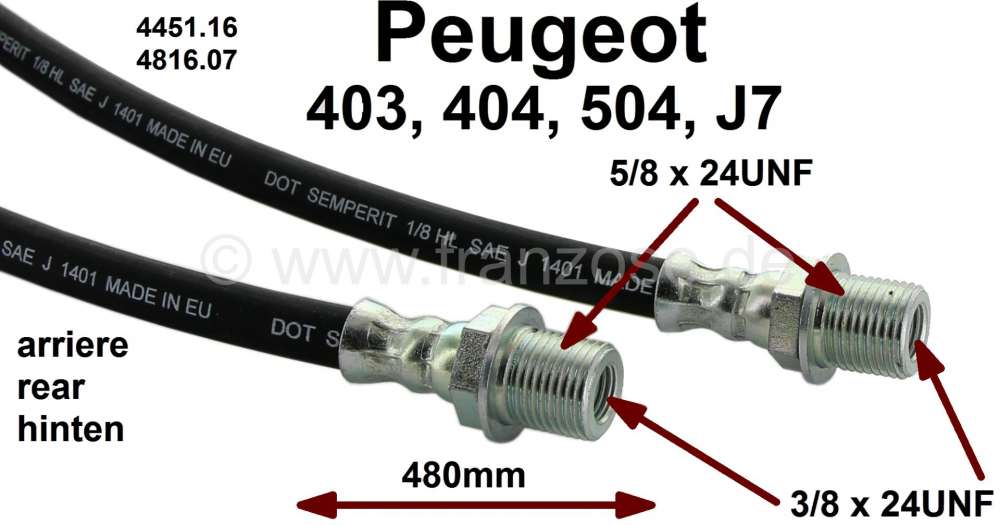 Peugeot - P 403/404/504/J7, brake hose rear, suitable for Peugeot 403, 404, 504, J7. Overall length 