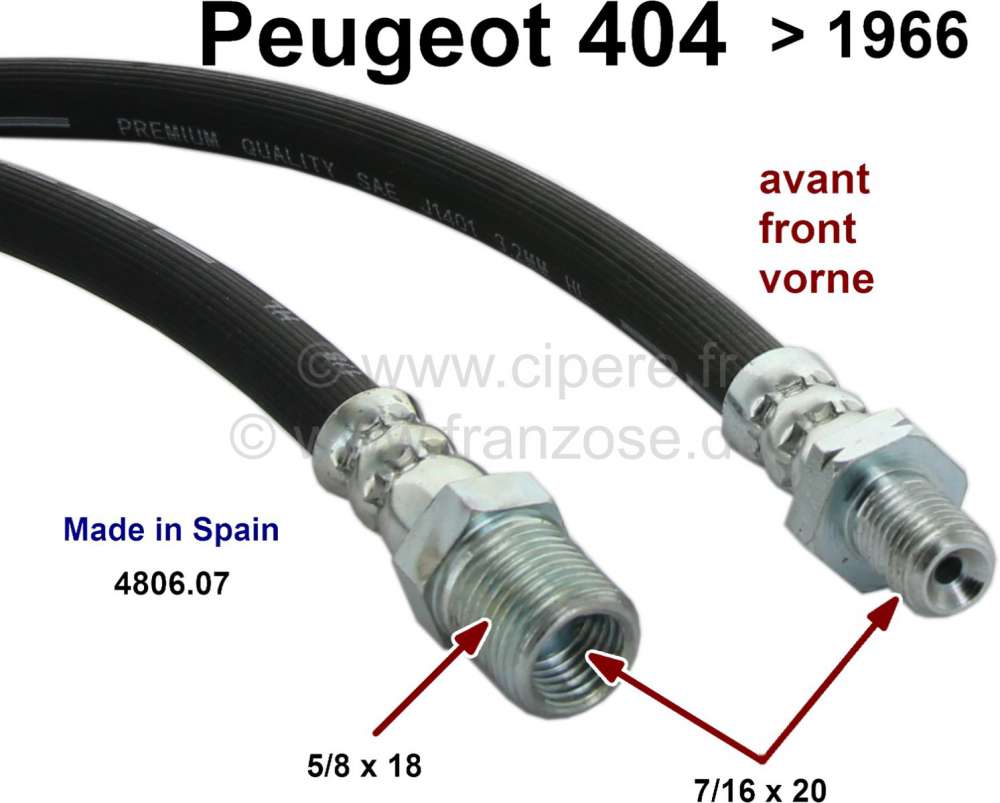 Peugeot - P 404, brake hose in front, suitable for Peugeot 404 to year of construction 1966. Length:
