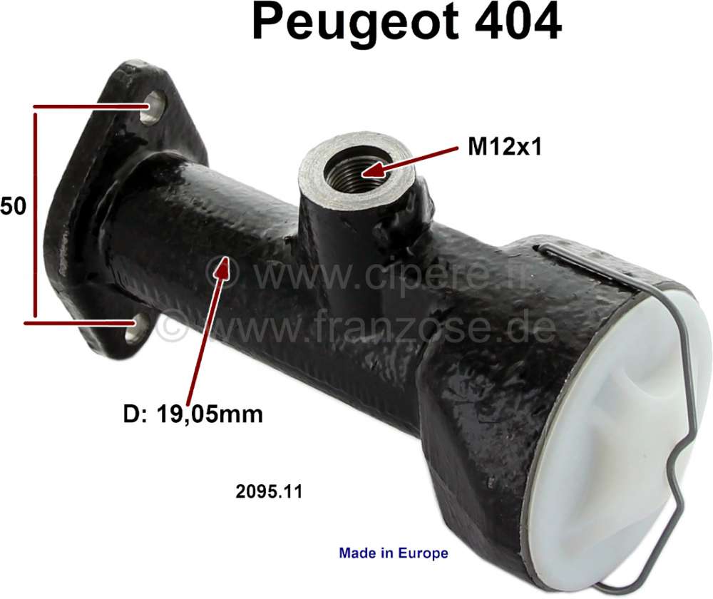 Peugeot - P 404, clutch master cylinder. Suitable for Peugeot 404. Piston diameter: 19,05mm. Connect