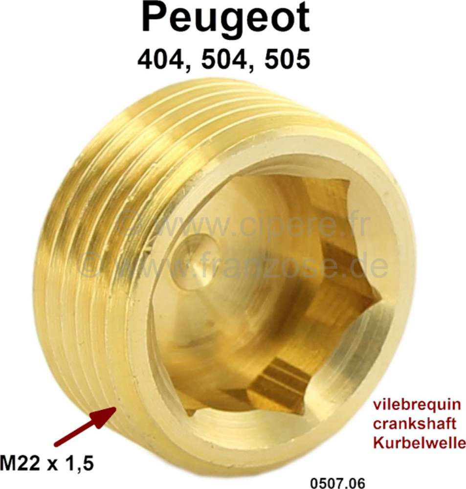 Peugeot - Plug screw crankshaft. Suitable for Peugeot 404, 504, 505. Thread: M22 x 1,5. 050706