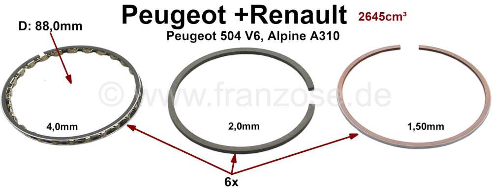 Renault - Piston rings for V6 engine. 2,7L.  88mm bore. Suitable for Peugeot 504 V6 Cabrio + Coupe. 