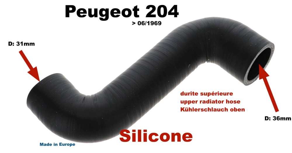 Peugeot - P 204, upper radiator hose (radiator to engine block). Suitable for Peugeot 204 up to year