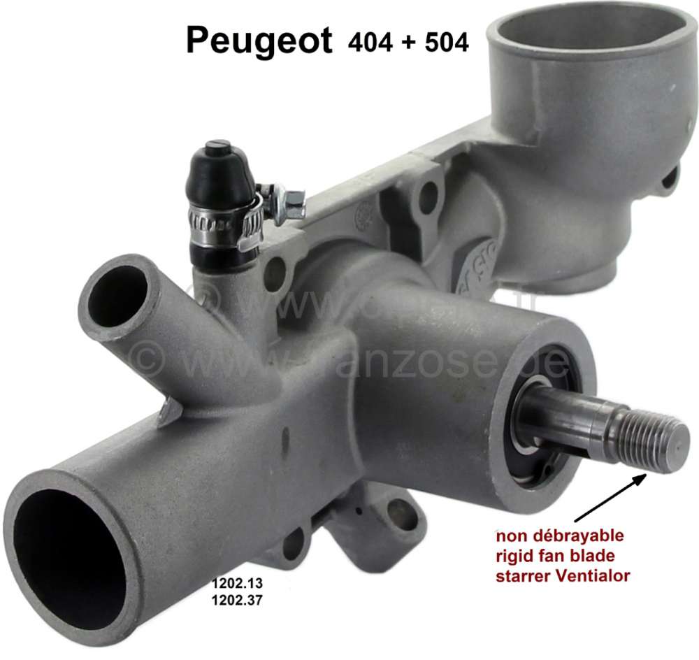 Peugeot - P 404/504, water pump, for rigid fan blade. Suitable for Peugeot 404 + Peugeot 504. Engine