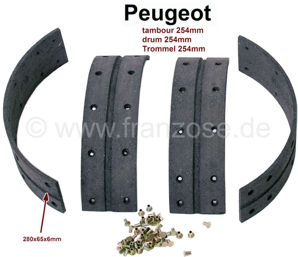 Peugeot - Brake cheek lining for Peugeot, to rivet on, width: 65mm, drum: 254mm, incl. rivets. 4x 28
