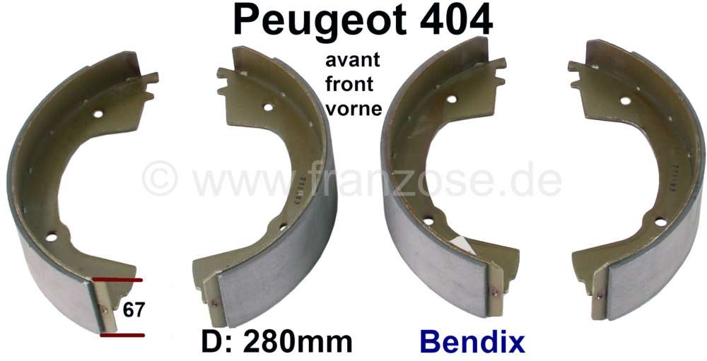 Peugeot - P 404, brake shoe set in front. Suitable for Peugeot 404 to year of construction 07/1970. 