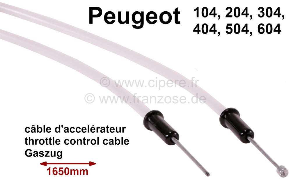 Peugeot - Throttle control cable. Suitable for Peugeot 104, 204, 304, 404, 504, 604 (all engines). L