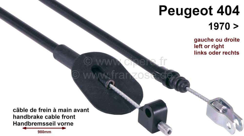 Peugeot - handbrake cable Peugeot 404 front, >70, all models, length 980/670mm, fits left or right s