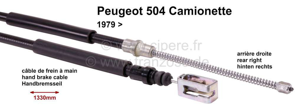 Renault - handbrake cable Peugeot 504 Camionette rear right side, >79, 1330/1030mm