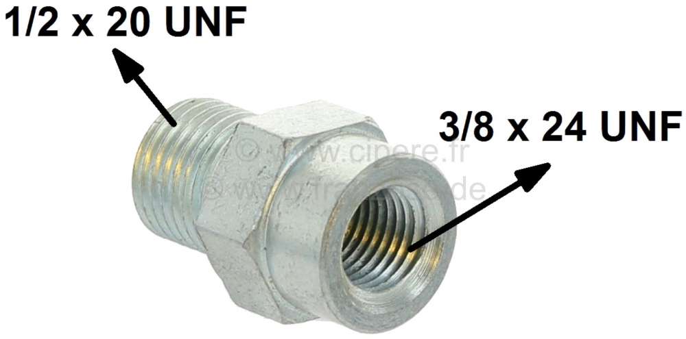 Peugeot - Brake hose adapter from 1/2x20 (male) UNF on 3/8x24 UNF (female). (for large Hydrovac) Mad