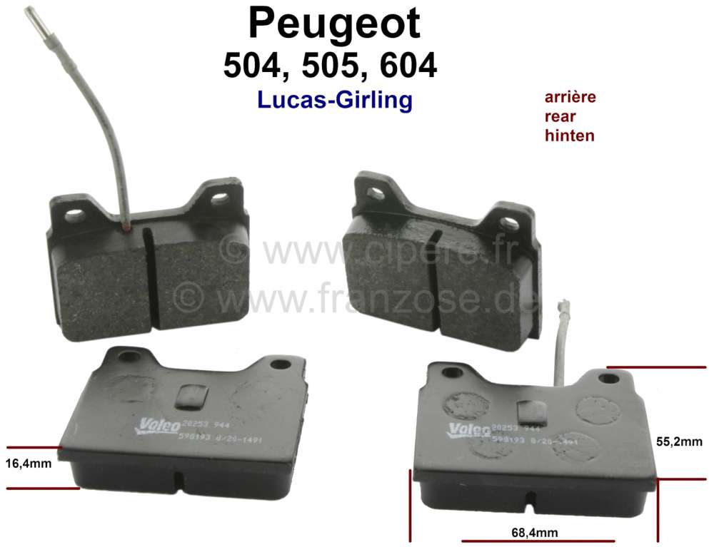 Peugeot - P 504, brake pads rear axle (with wear indicator). System LUCAS. Suitable for Beugeot 504,