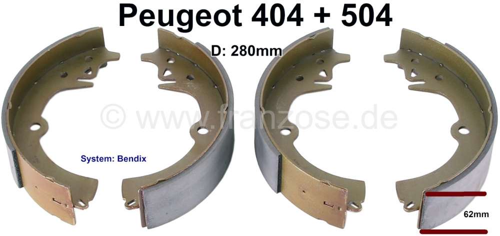 Peugeot - brake shoe set rear 404+504 diameter 280mm, 62mm, system Bendix 404  10.69> / 504 Break 04