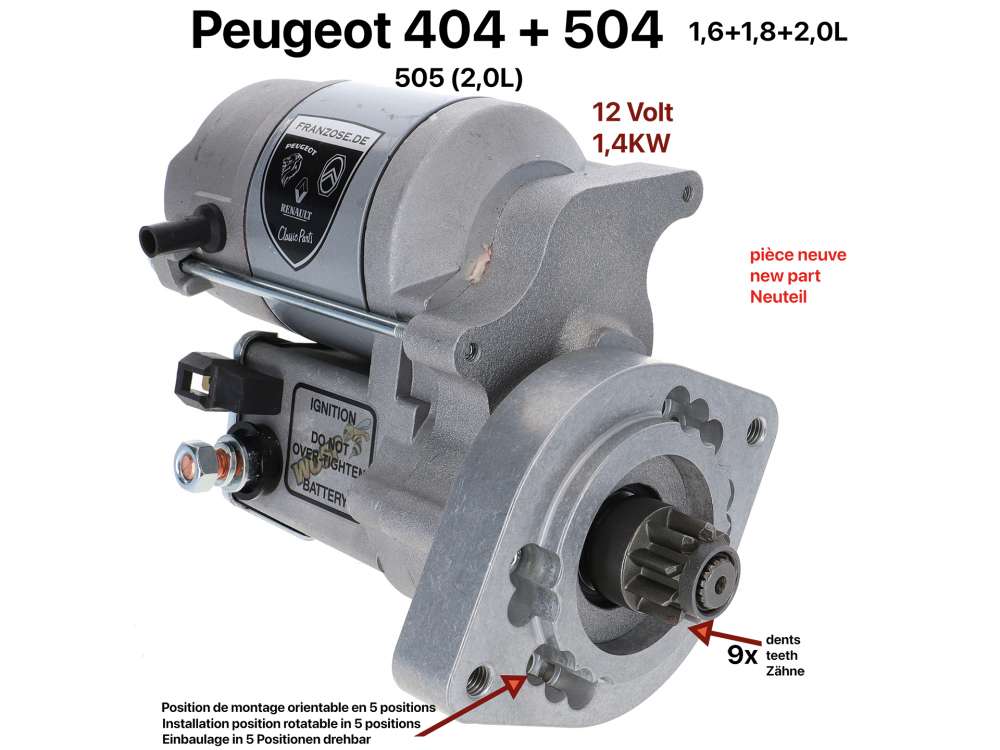 Peugeot - High performance starter motor. Suitable for Peugeot petrol engines: 404, 504 (1.6+1.8+2.0