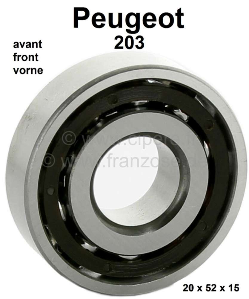 Peugeot - P 203, wheel bearing front. Suitable for Peugeot 203. Outside diameter: 52mm. Inside diame