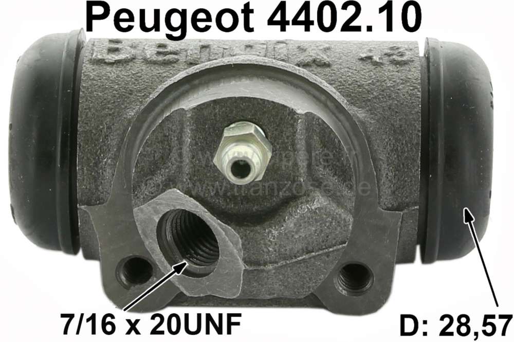 Peugeot - P 203/403/404, wheel brake cylinder rear. Piston diameter: 28,57mm. Brake line connector: 