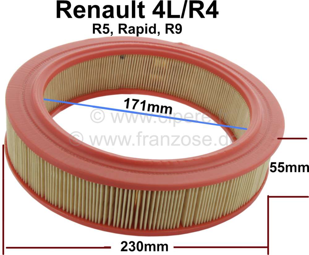 Alle - Air filter (A960). Suitable for Renault R4, Rapid, R5, R9. Outside diameter: 230mm. Inside