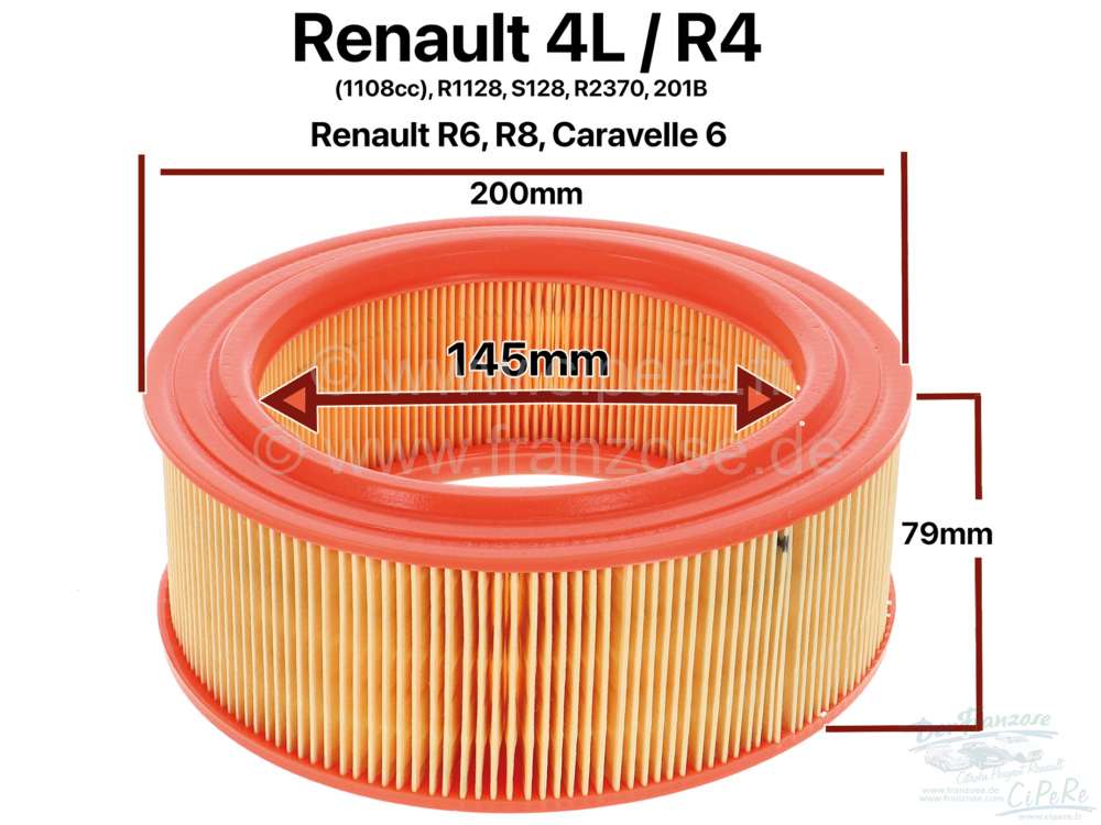 Renault - Air filter (system Lautrette, A196). Suitable for Renault R4 (1108cc), R1128, S128, R2370,
