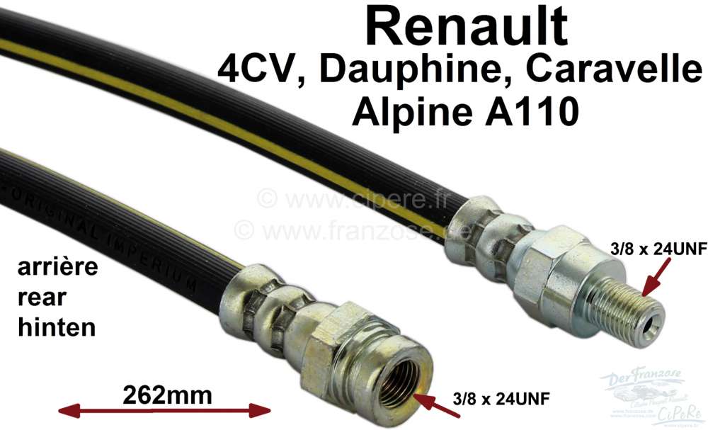 Renault - 4CV/Dauphine/Caravelle/Alpine 110, brake hose rear. Suitable for Renault 4CV, Dauphine, Ca
