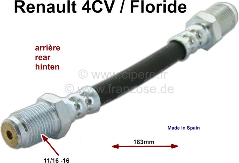 Alle - 4CV/Floride, brake hose rear (overall length 183mm). Suitable for Renault 4CV, starting fr