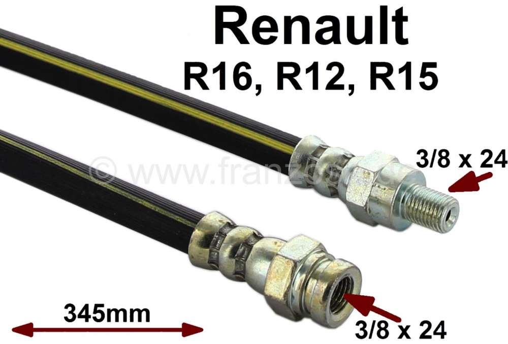 Renault - R16/R15/R12, brake hose front. Suitable for Renault R16, R12, R15. Length: 345mm. Thread: 