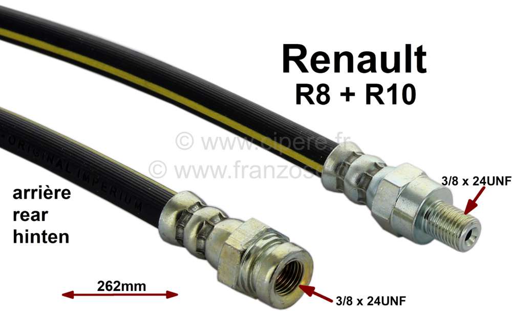 Renault - R8/R10, brake hose rear. Suitable for Renault R8 + R10. Length: 262mm.  Thread: 1x female 