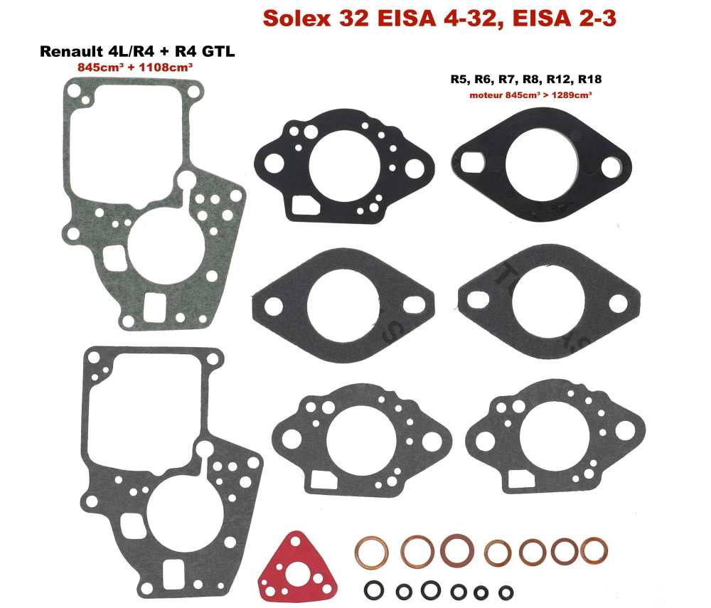 Alle - Carburetor sealing set largely, Renault R4. For Solex 32 EISA 4-32, 32 EISA 2-3. Suitable 