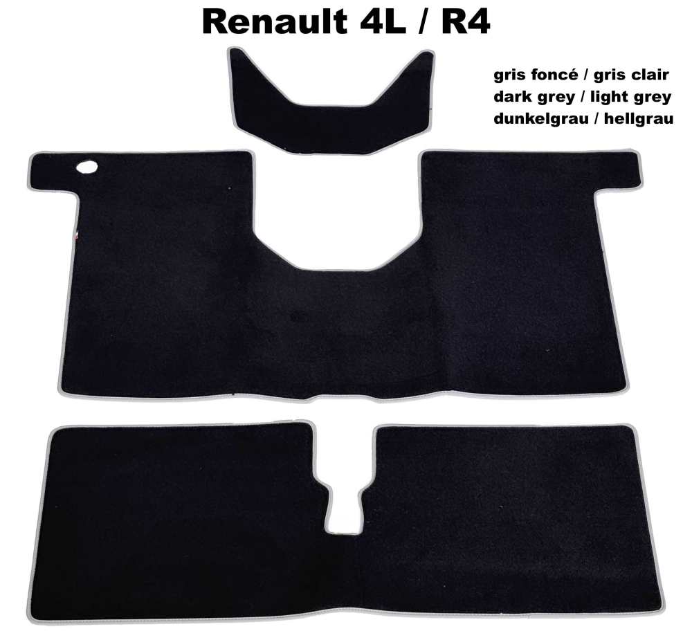 Citroen-2CV - R4, carpet set. Dark grey (Gris foncé) velour with light grey (Gris clair) vinyl border t