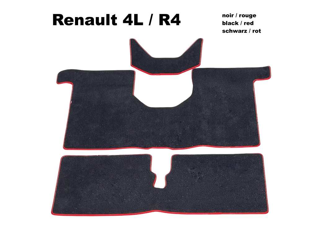 Citroen-2CV - R4, carpet set. Velour Excellence black (noir) with red (rouge) vinyl border trim (front +