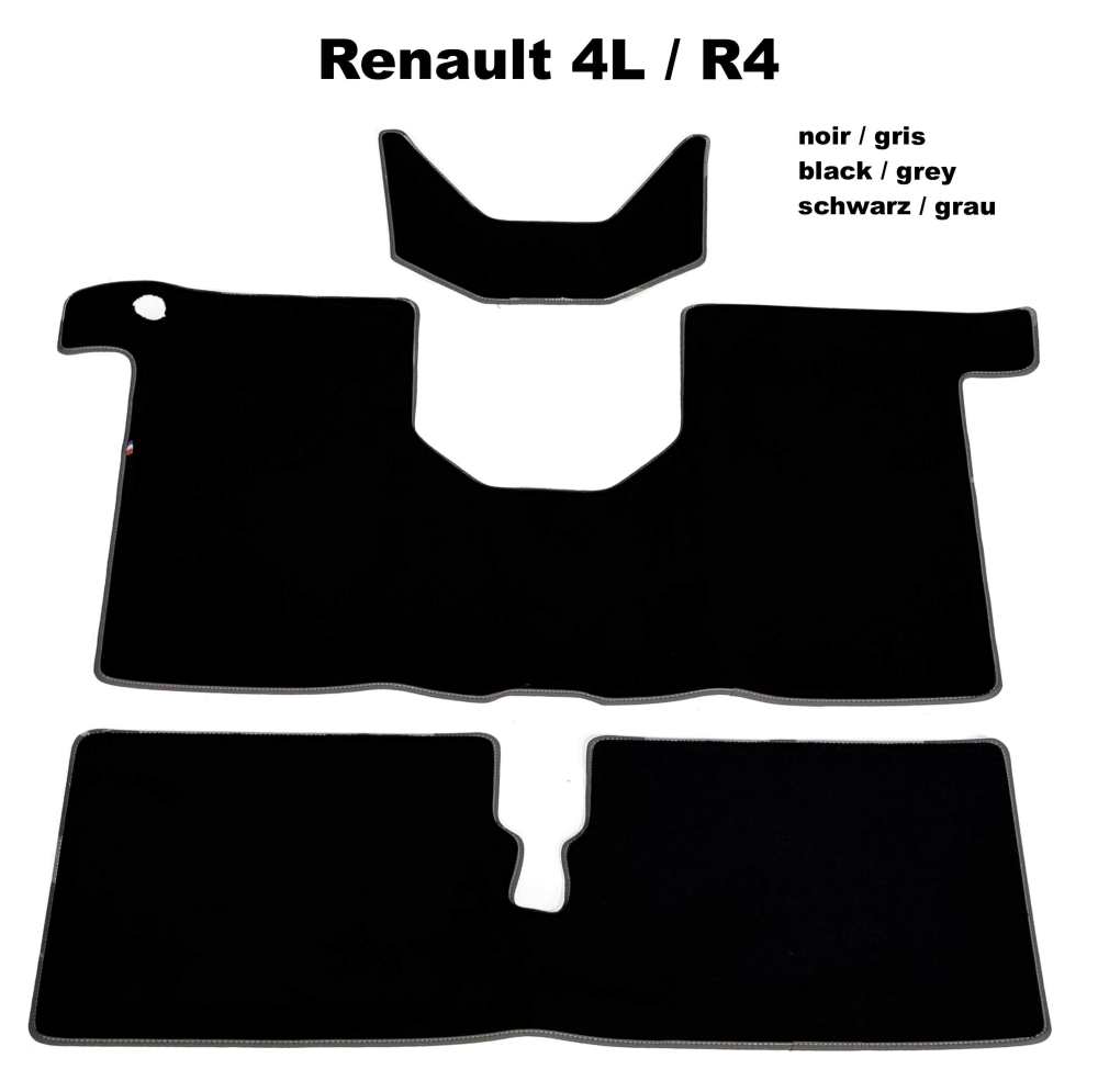 Citroen-2CV - R4, carpet set. Velour Excellence black (noir) with dark grey (gris foncé) vinyl border t